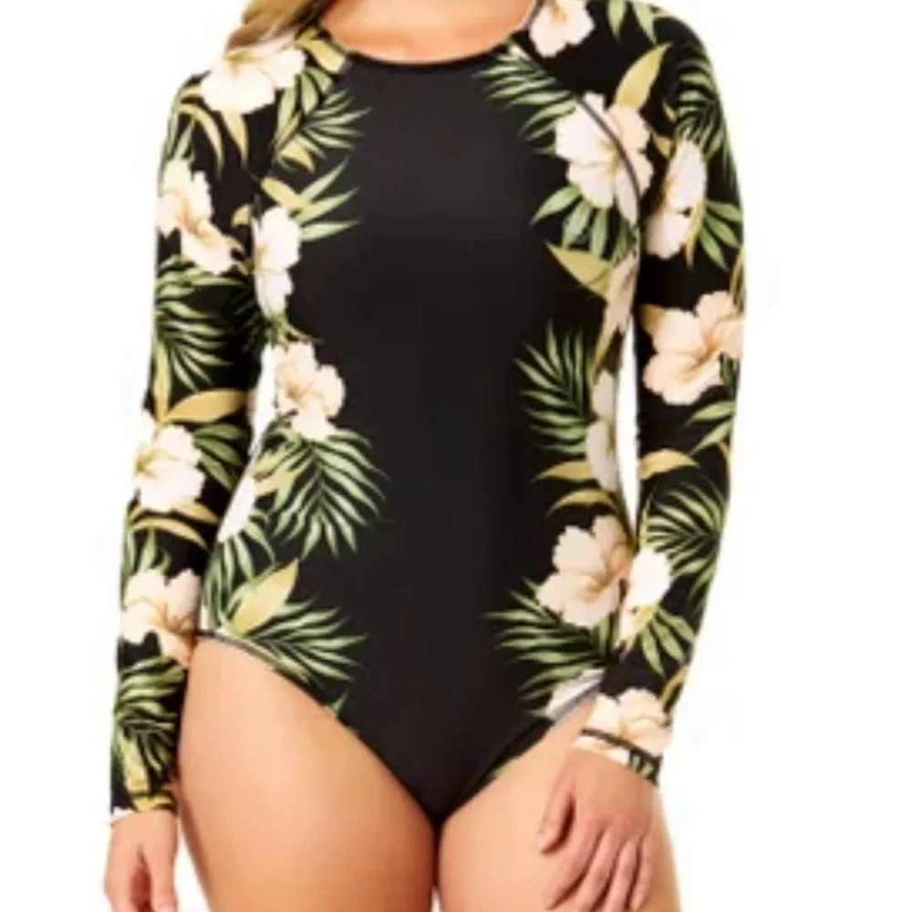 Hurley Black Floral Long Sleeve Rash Guard Swimsuit